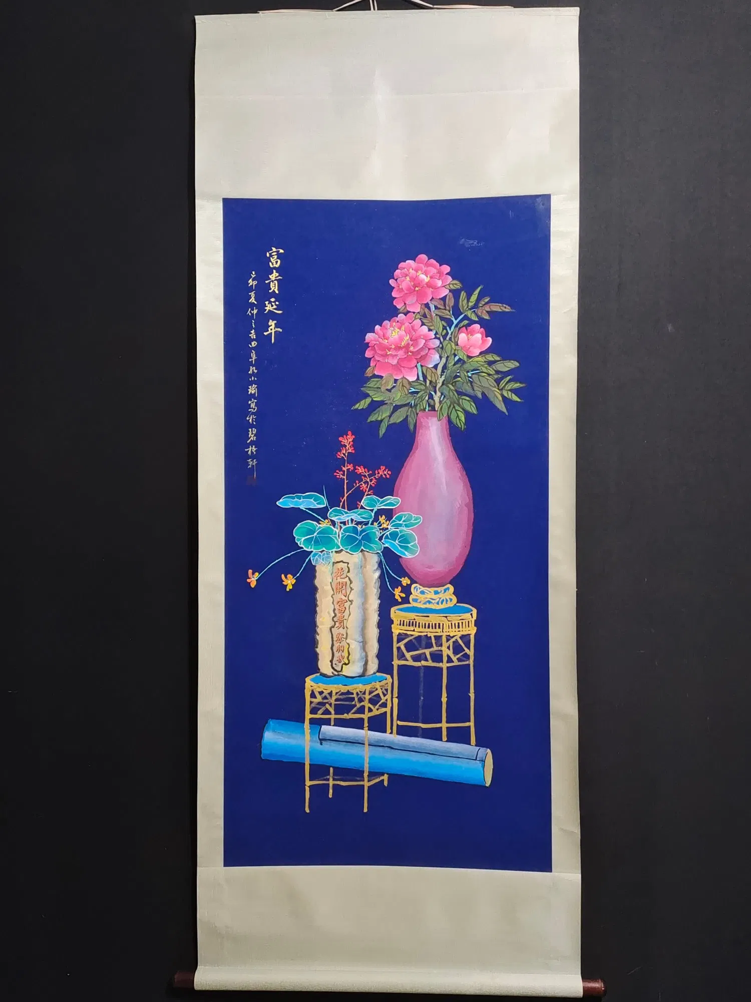 Large four-foot central scroll hand-painted floral artwork