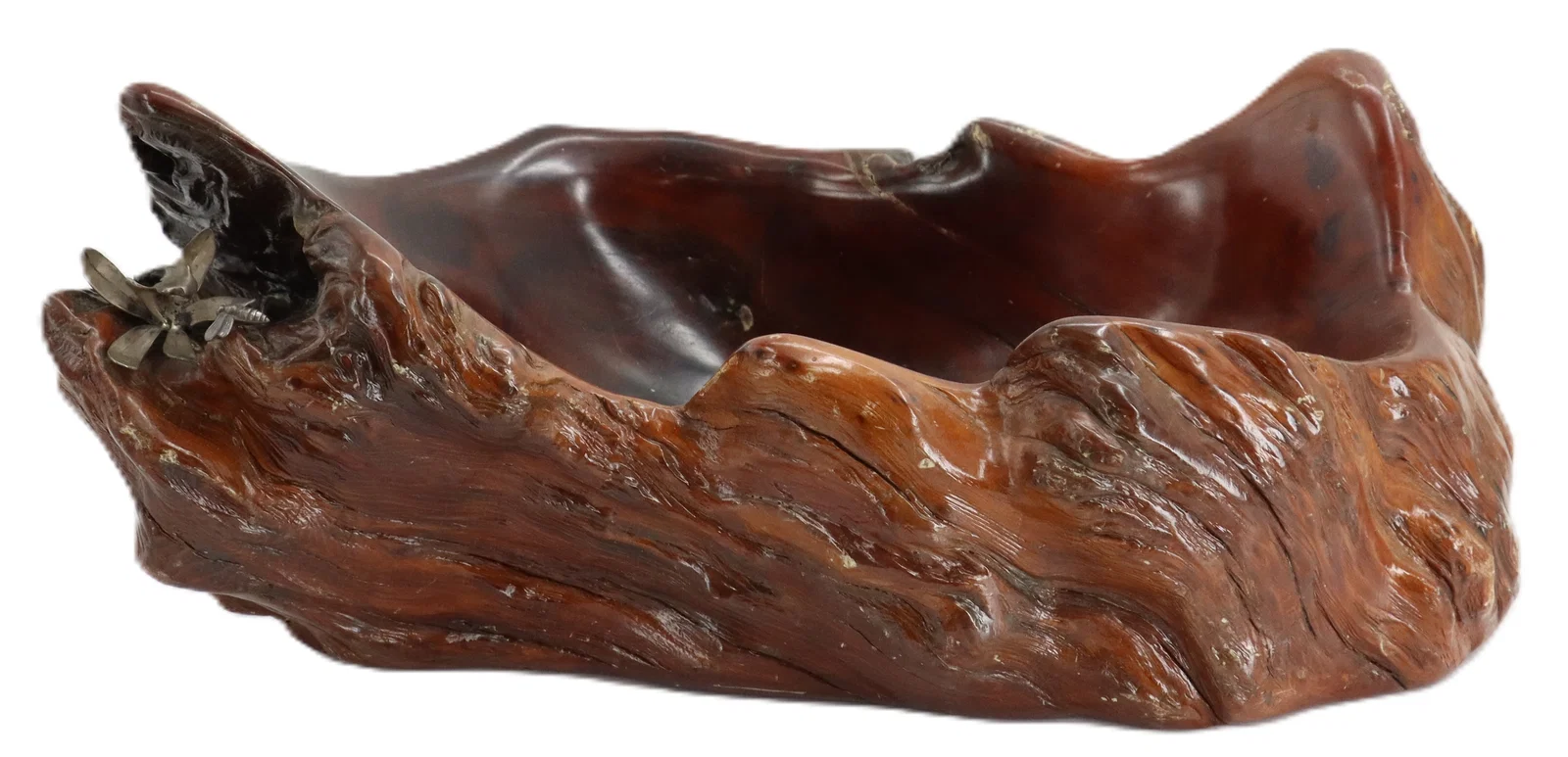 Large Japanese Carved Burl Wood Bowl with Silver Bee and Leaf