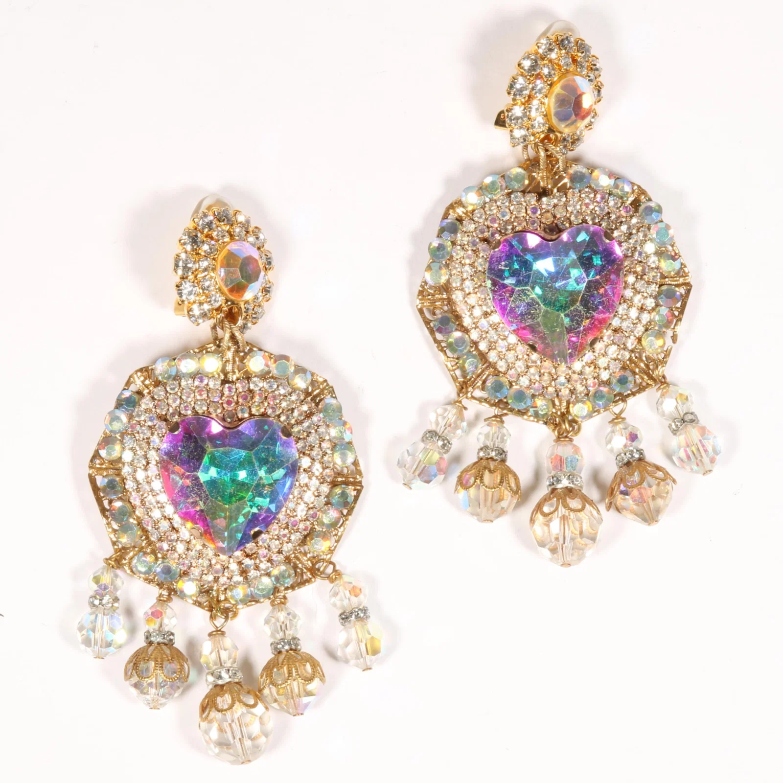 Large Lawrence VRBA drop earrings with large center iridescent heart crystal, smaller AB