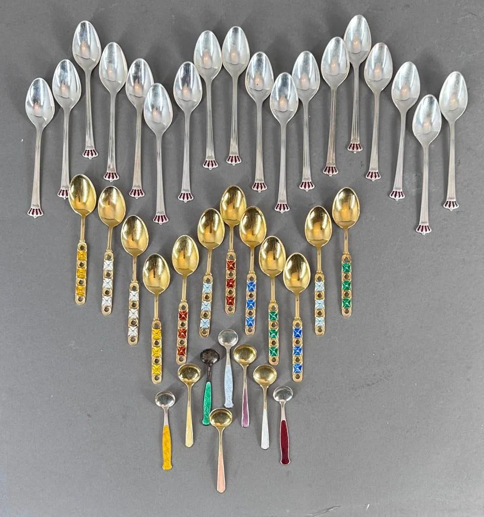 Large Lot of Danish and Norwegian Sterling and Enamel Spoons