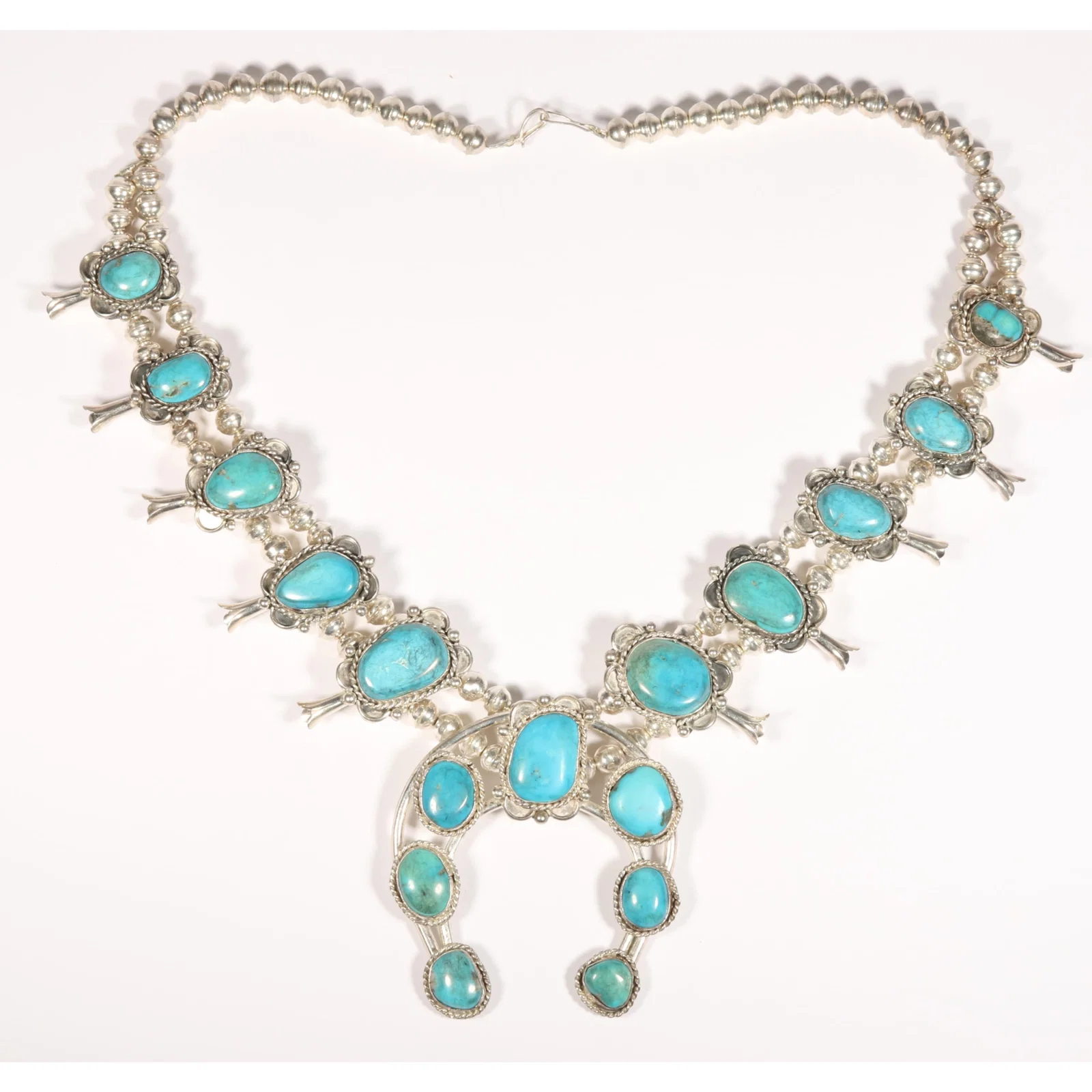 Large Native American unmarked sterling squash blossom necklace with Naja pendant and chunky