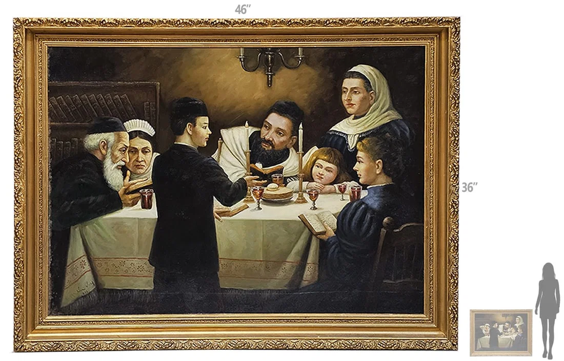 Large Oil On Canvas 'Sabbath Dinner' Judaica Painting, Signed