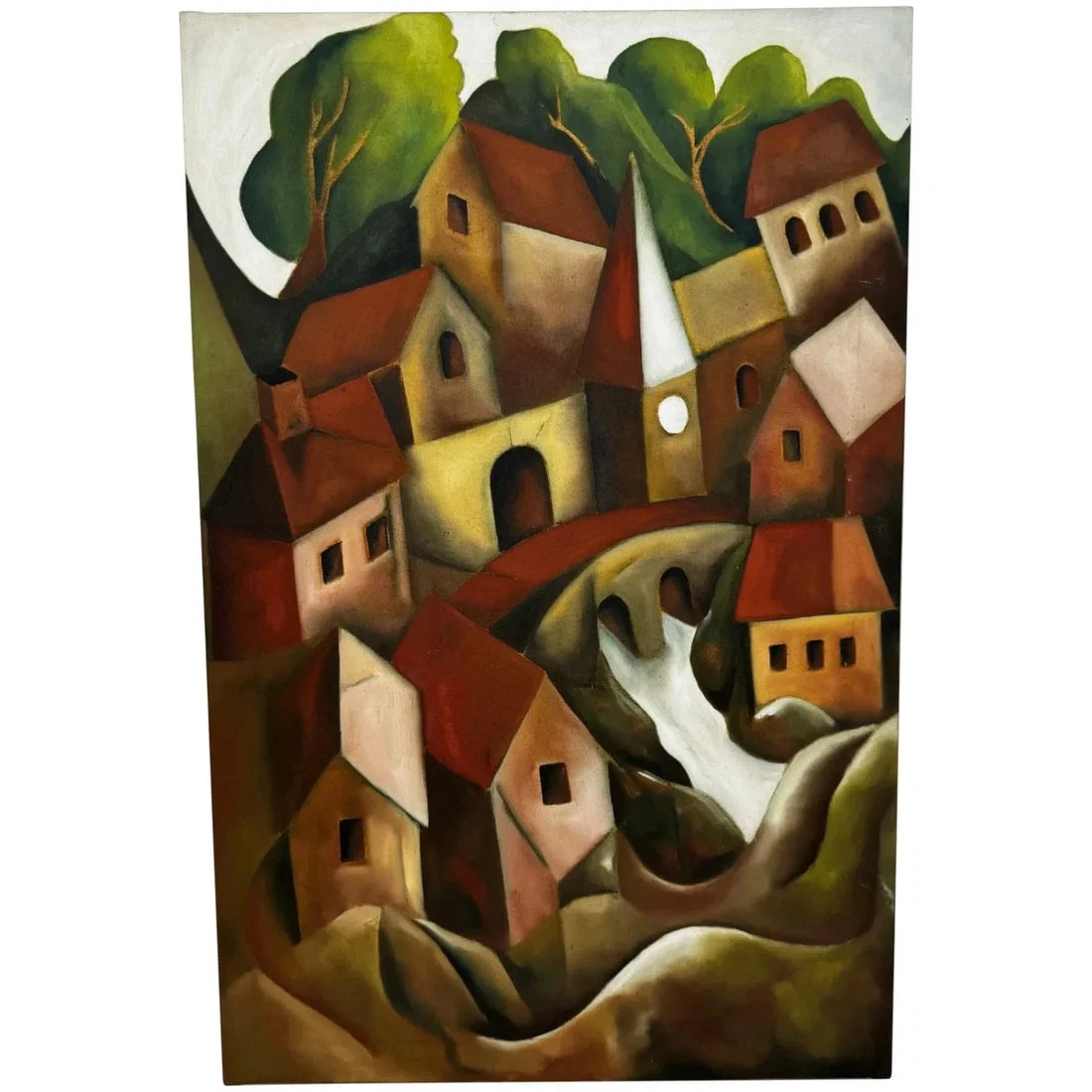 Large Oil Painting After Picasso Cubist-Influenced Cascading Hillside Village