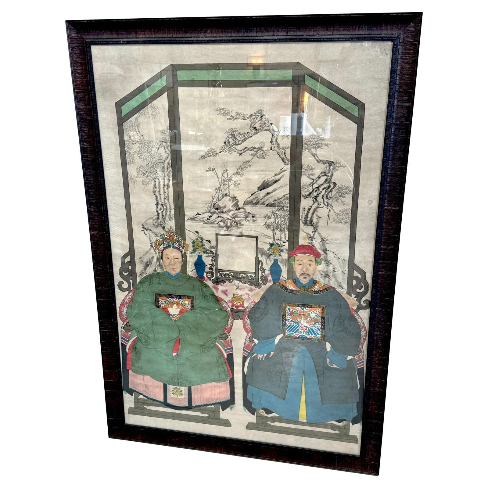 Large Qing-Dynasty Double Ancestral Portrait China 19th Century