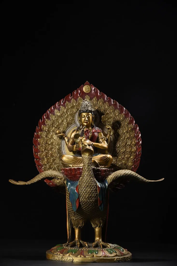 Large-sized pure copper painted Peacock King statue