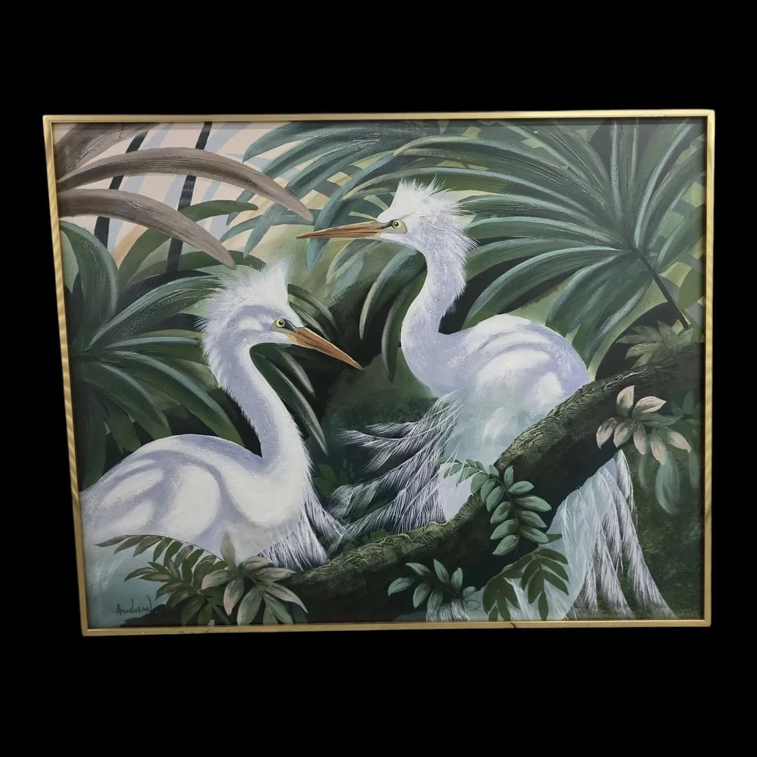 Large Tropical Egret Painting Signed Andrew Palm Beach Regency Gold Frame