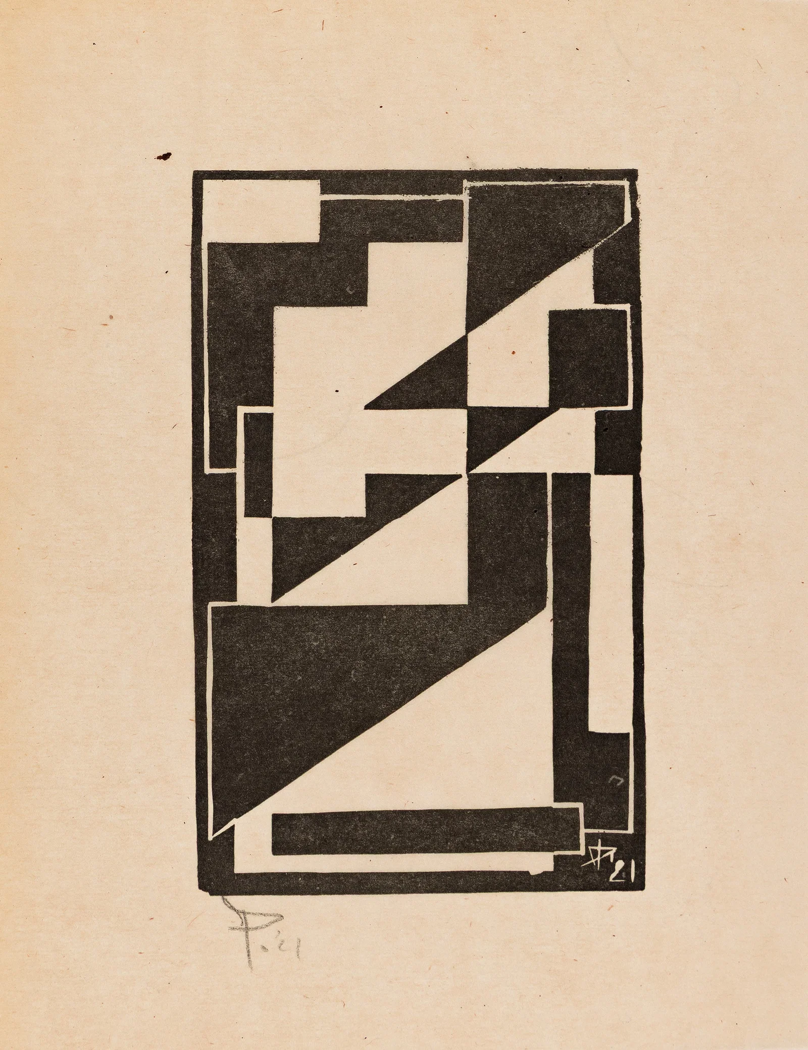 Laszlo Peri & Jozef Peeters, [Space Construction] & [Compositie]. Group of 3 linocuts. Circa 1921.