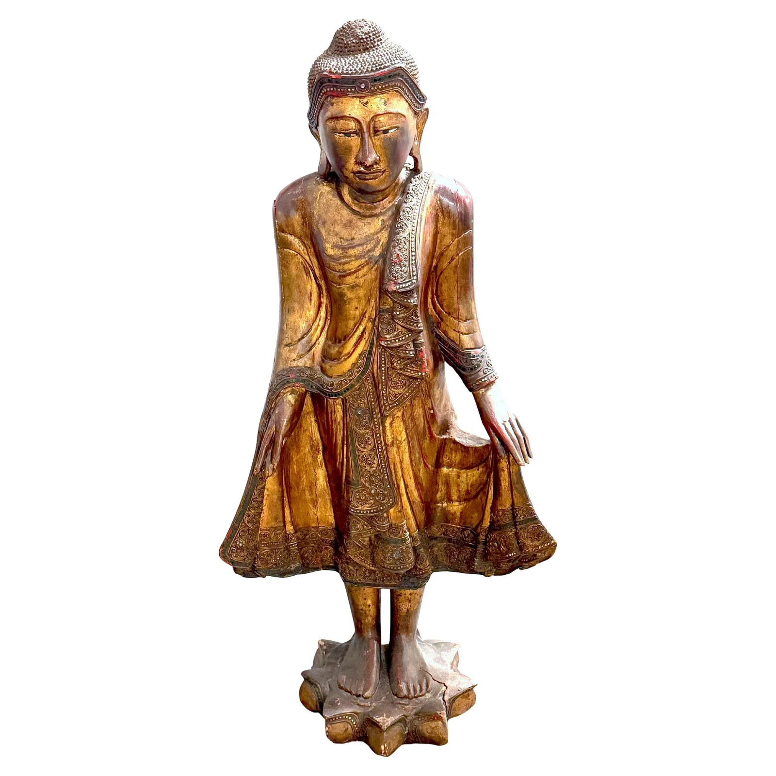 Late 19th Century Burmese Giltwood Buddha Statue on Lotus Pedestal