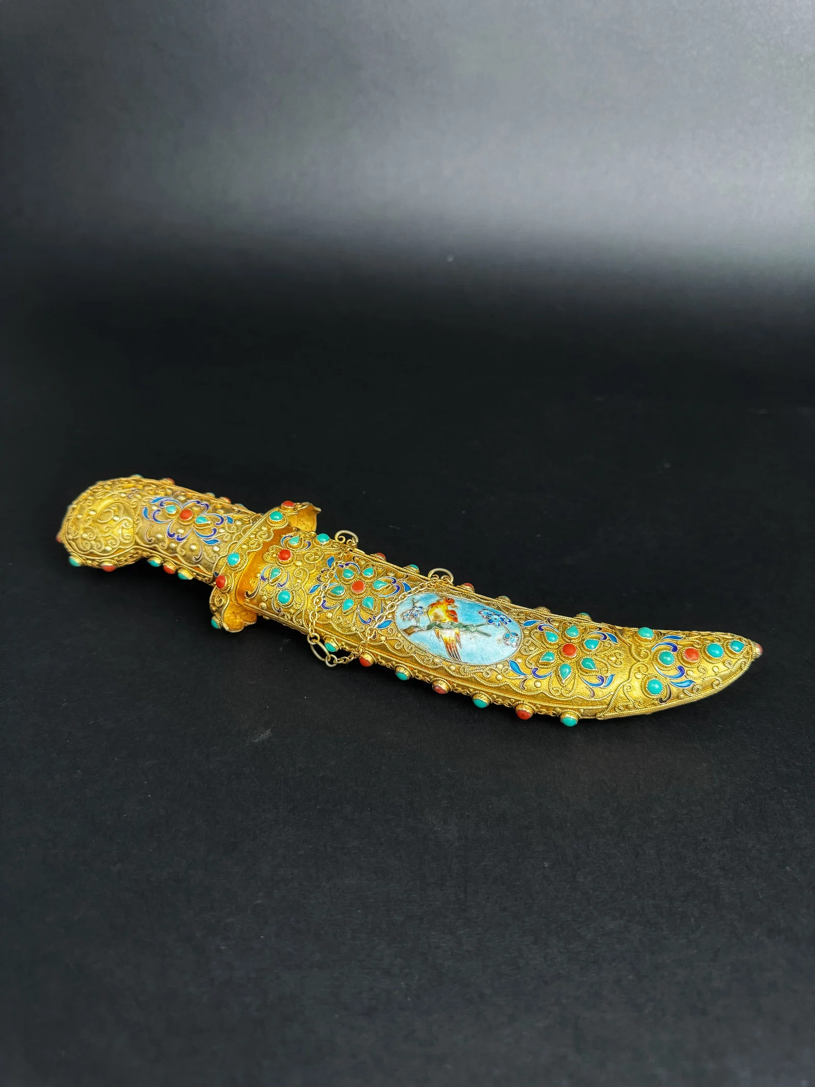 Late 19th / Early 20th Century Enameled Gilt Silver Filigree Jeweled Decorative Dagger