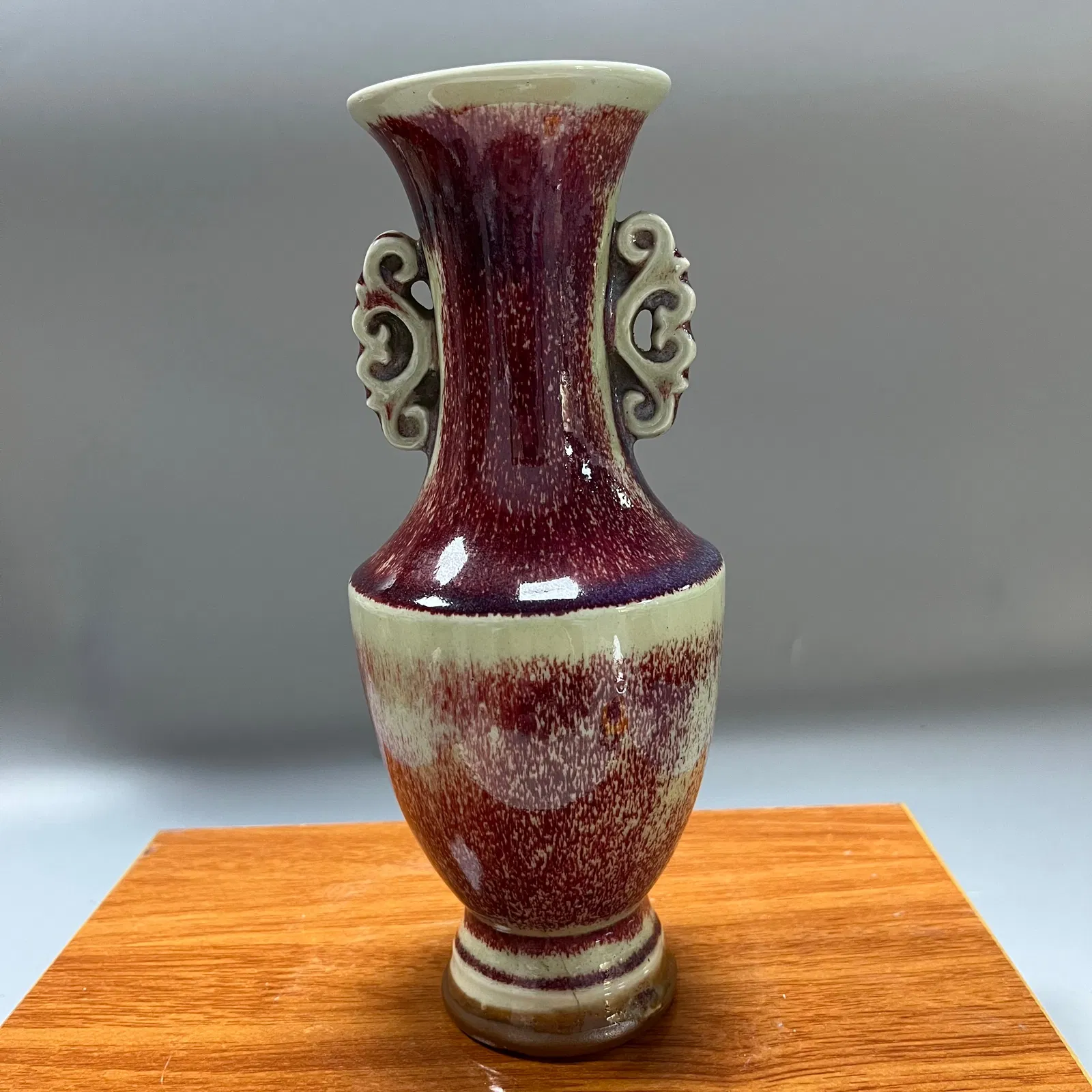Late Qing Dynasty Jun Red Kiln Transformation Glazed Double-Eared Openwork Vase