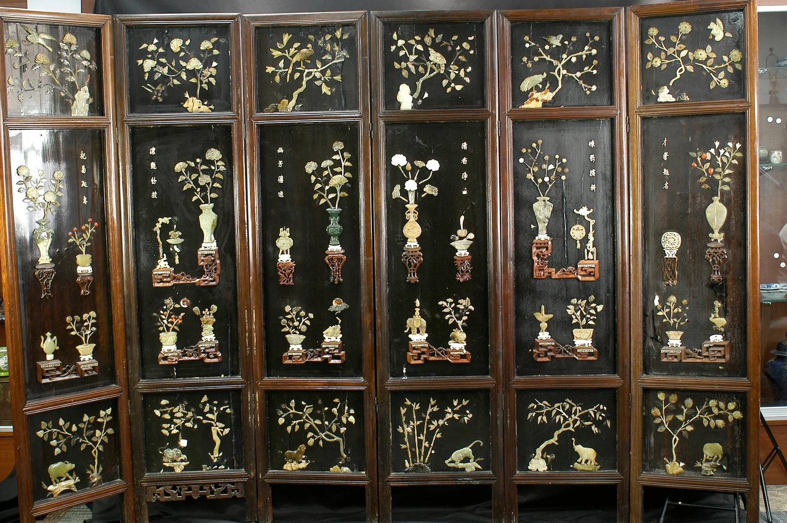 Late Qing to Republic Period Hundred Treasures Inlay Antiquarian Figures Six-Panel Screen with