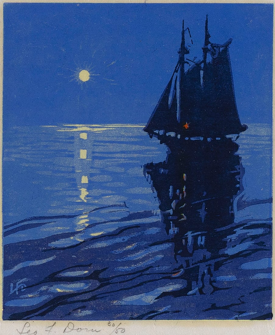 LEO F. DORN (Connecticut, 1879-1964), Red Light Moonlight., Color woodcut, 7.75" x 6.75". Framed 15"