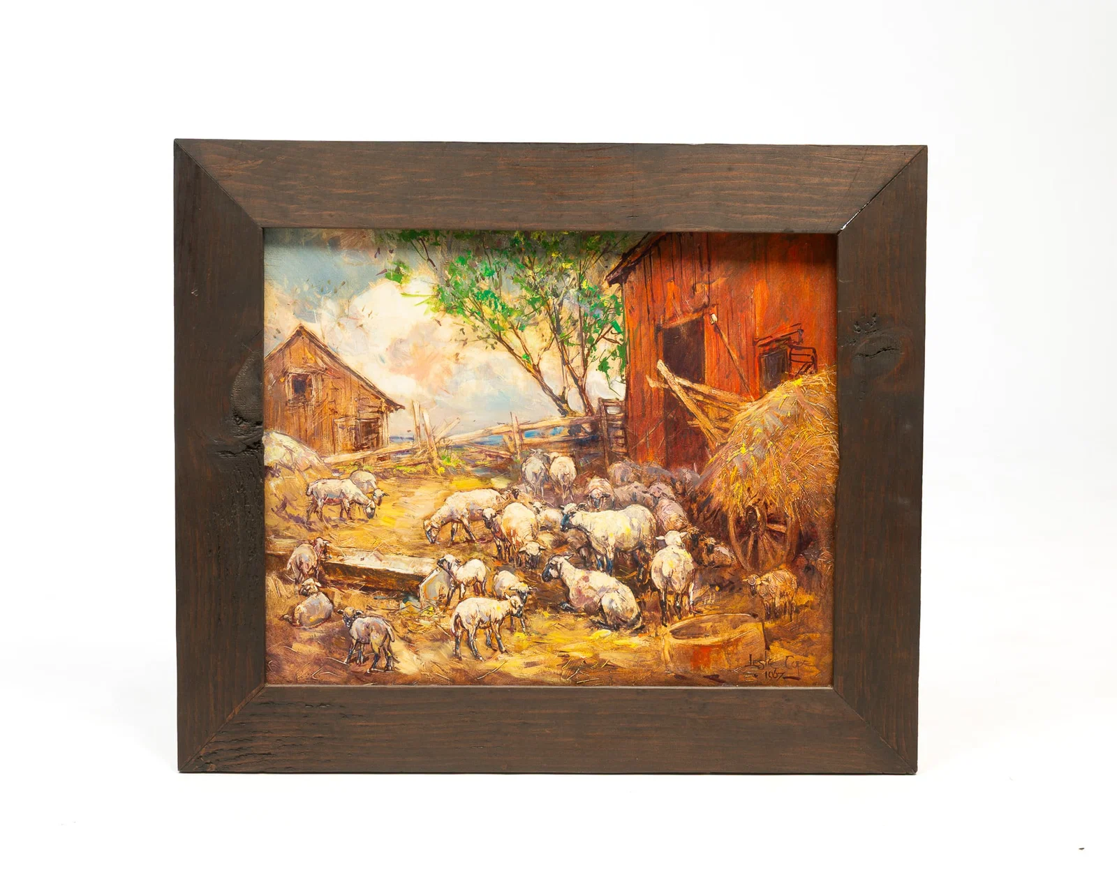 LESLIE COPE (OHIO, 1913-2002) OIL ON BOARD OF BARNYARD SCENE WITH SHEEP.