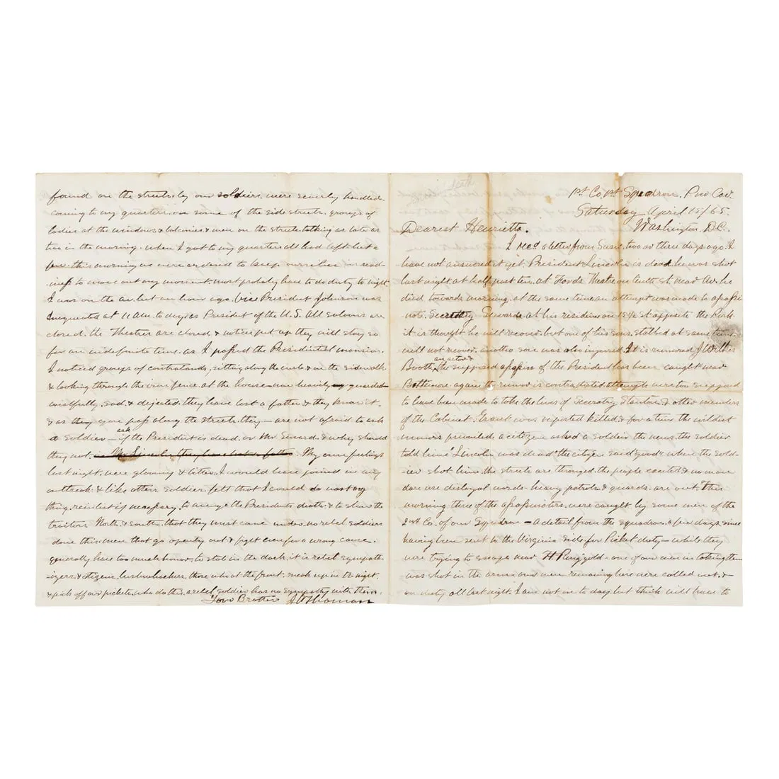 [LINCOLN ASSASSINATION]. THOMAN, John Adam (1838-1906). Autograph letter signed ("J. Thoman") to