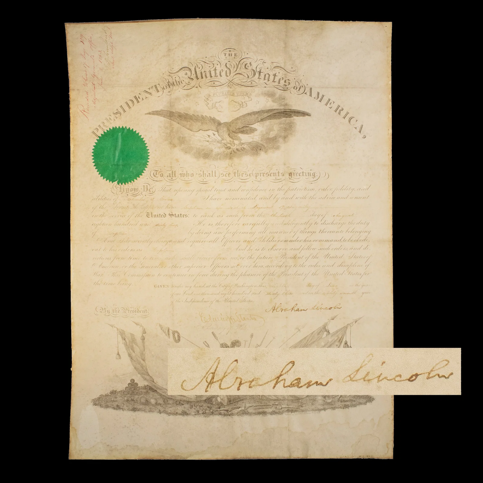 Lincoln SIGNED Commission to a Hero of Gettysburg
