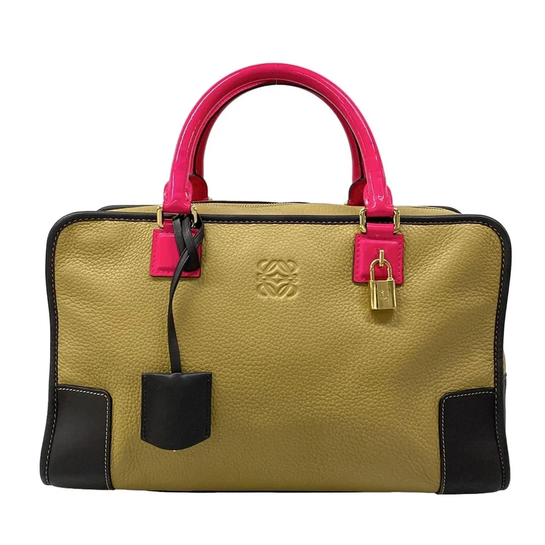 LOEWE AMAZONA 36 BROWN DARK BROWN PINK LEATHER PATENT LEATHER HANDBAG