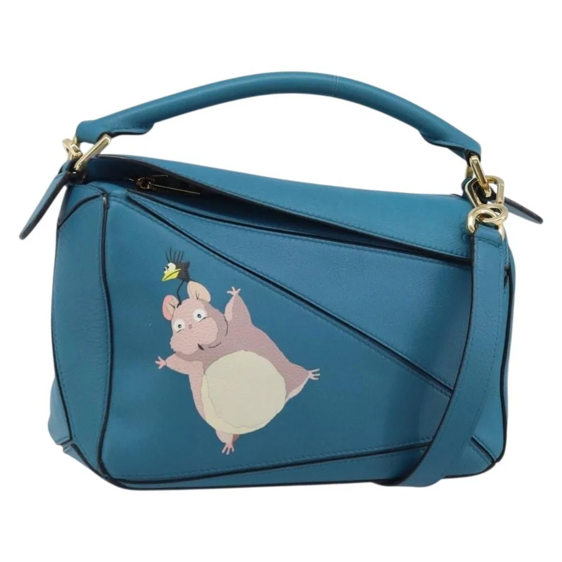 Loewe Studio Ghibli Puzzle Leather Blue Gold Handbag with Strap and Dust Bag