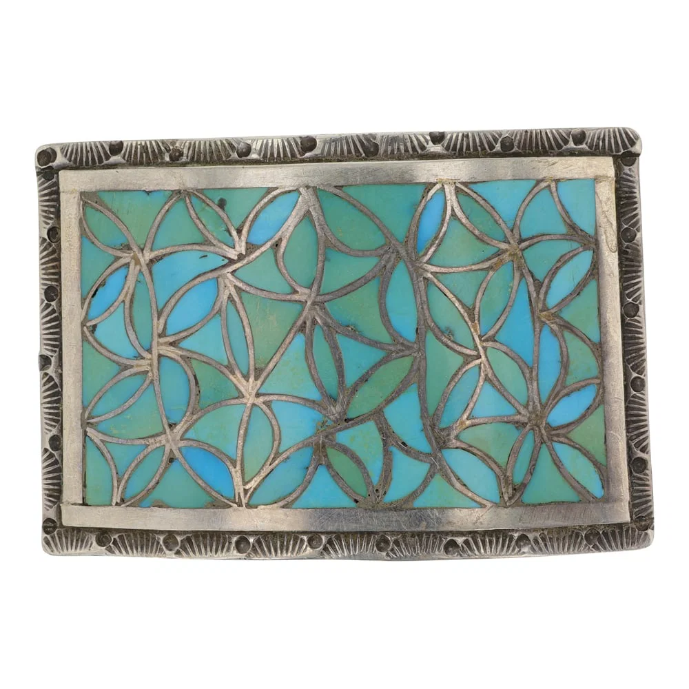 Lola Hechilay (1934-2010) Renowned Zuni Artist Vintage Sleeping Beauty Turquoise Inlay Belt Buckle