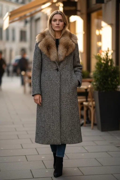 LONG GRAY TWEED COAT W/ RACCOON FUR COLLAR SIZE ML