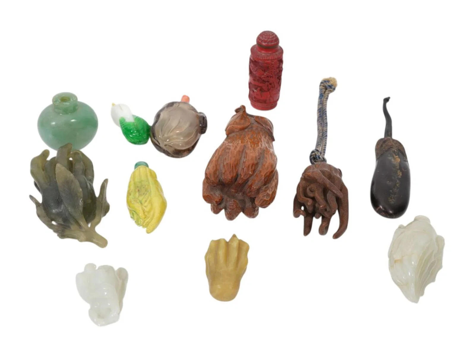 Lot of 12 Chinese Object d' Art Pcs; Jade, Stone & Wood Carved buddha Hands; Cinnabar and Jadeite