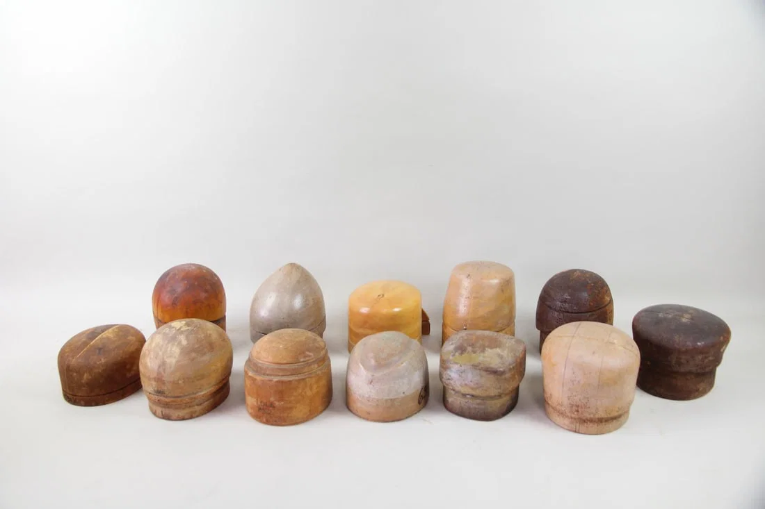 Lot of 12 Wooden Millinery Factory Hat Blocks