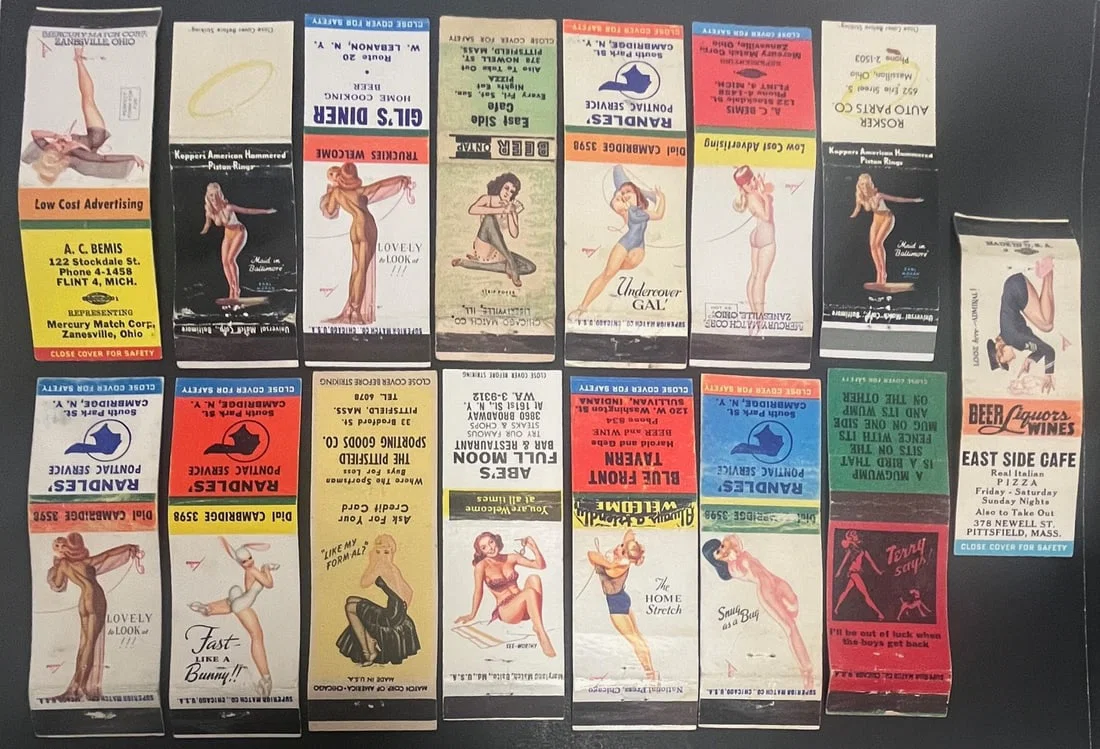 Lot of 15 Vintage 1940s–1950s Pin-Up Advertising Matchbooks – MA, NY, OH Businesses