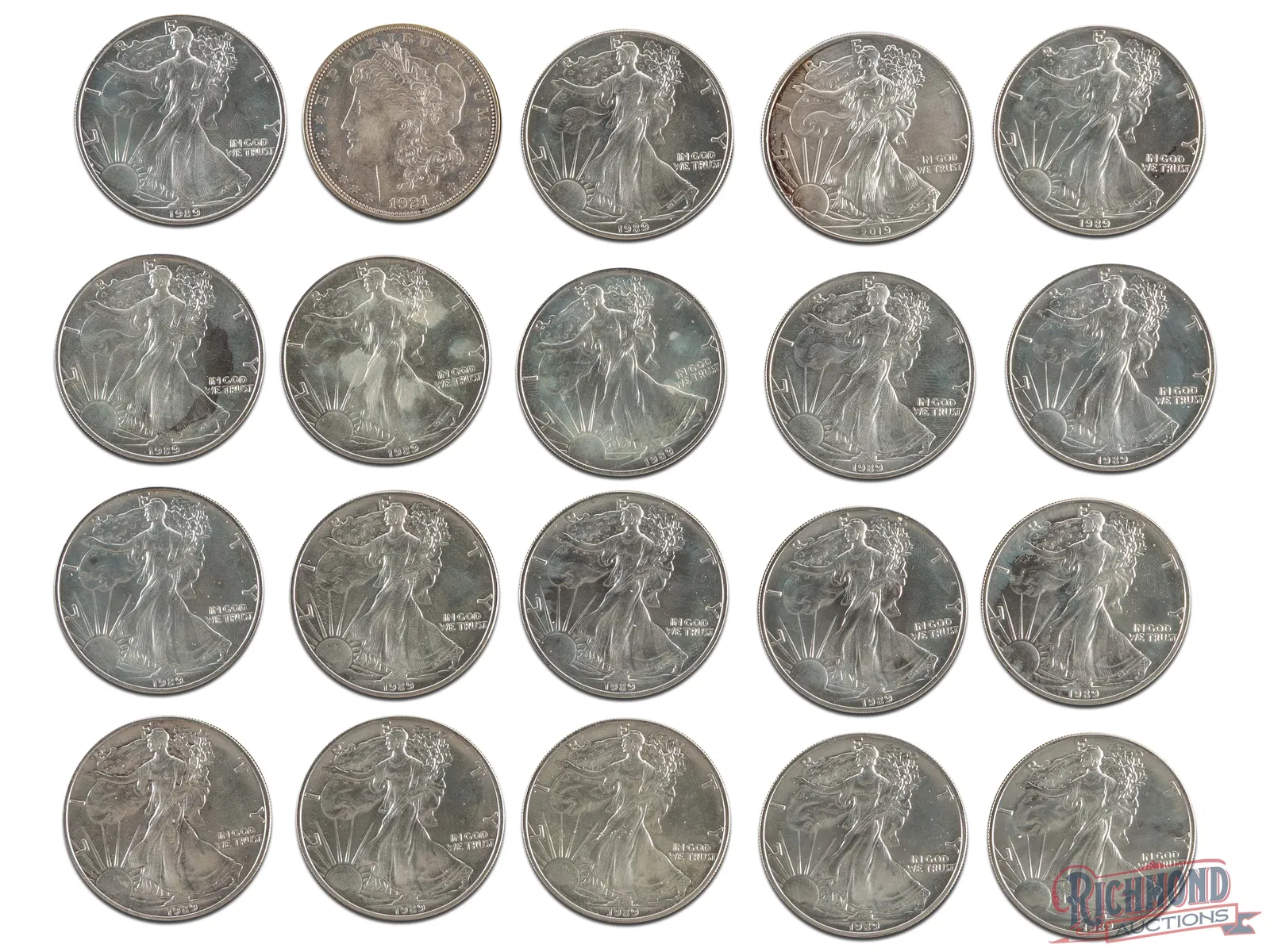 Lot of 19x 1 oz American Silver Eagles and 1x 1921-D Morgan Silver Dollar