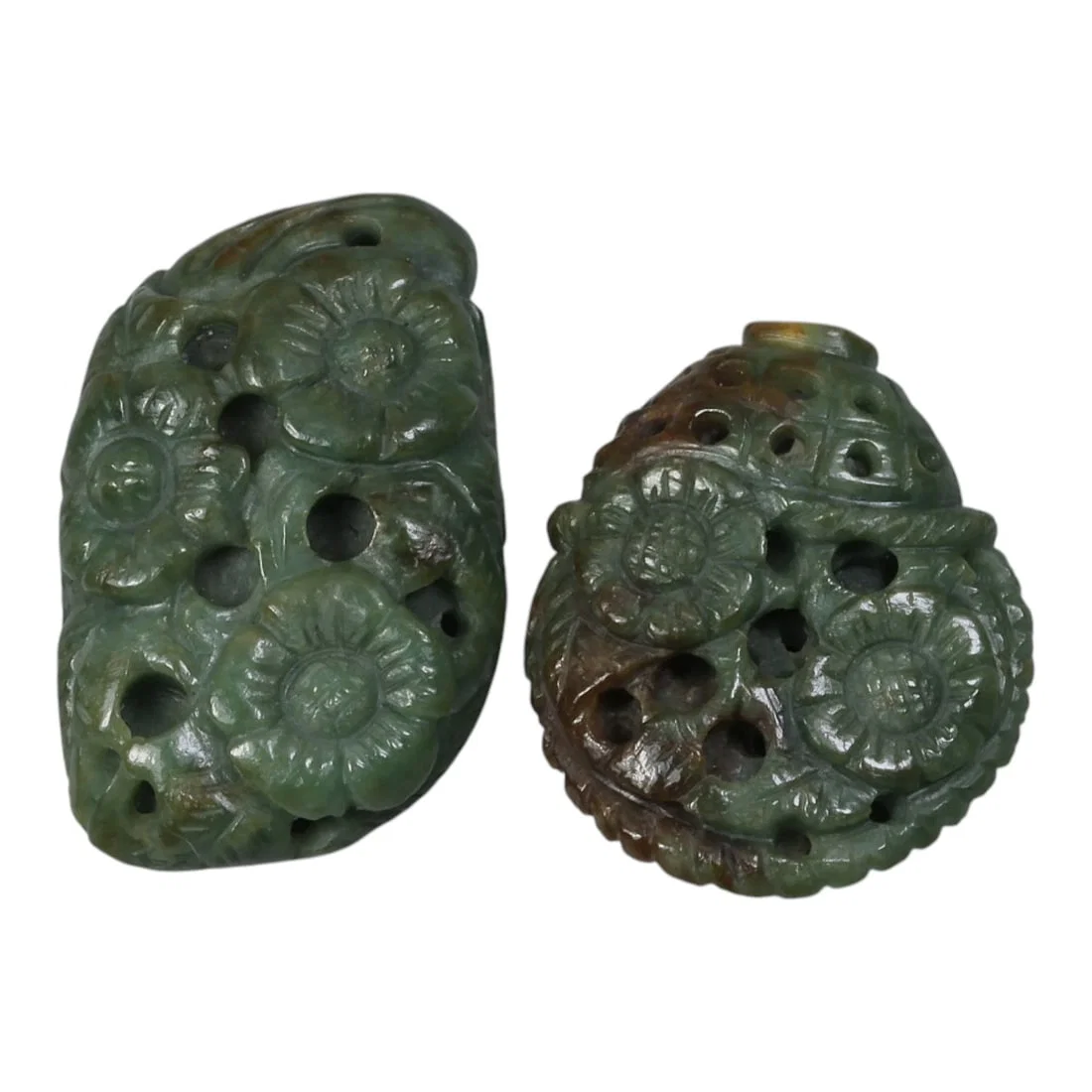Lot of 2 Antique Oriental Chinese Jadeite Jade Reticulated Floral Carvings, 32AG