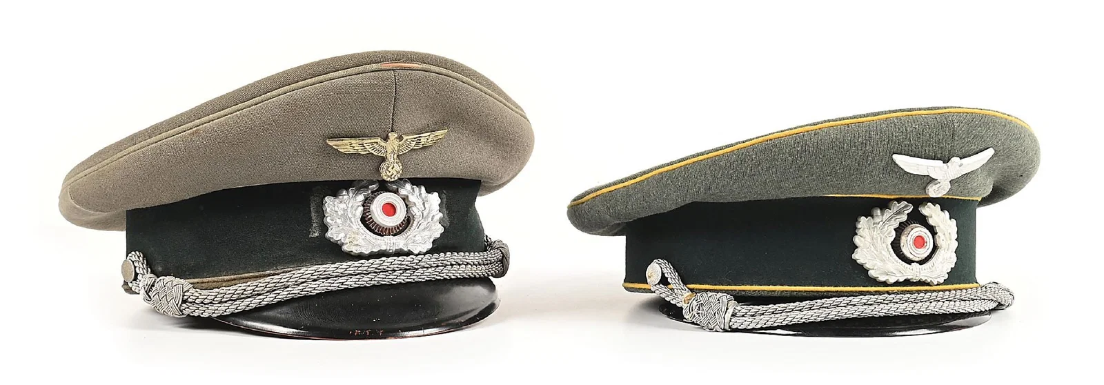 LOT OF 2: GERMAN WWII HEER SIGNAL AND PROPAGANDA OFFICER VISOR CAPS.