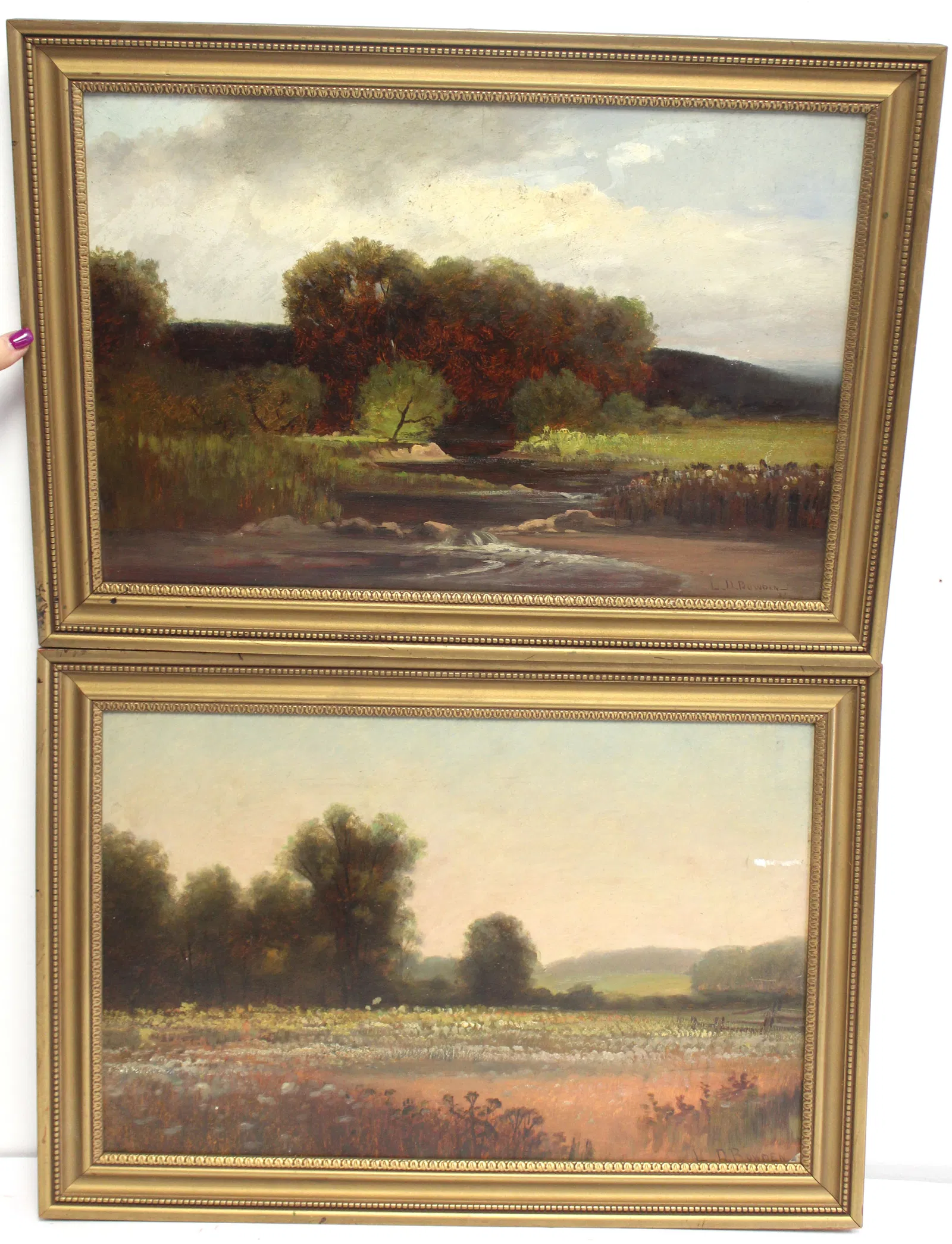 Lot of 2 o/bd landscapes signed LD Bowden - 1 dated '47 in matching frames - overall framed size 15