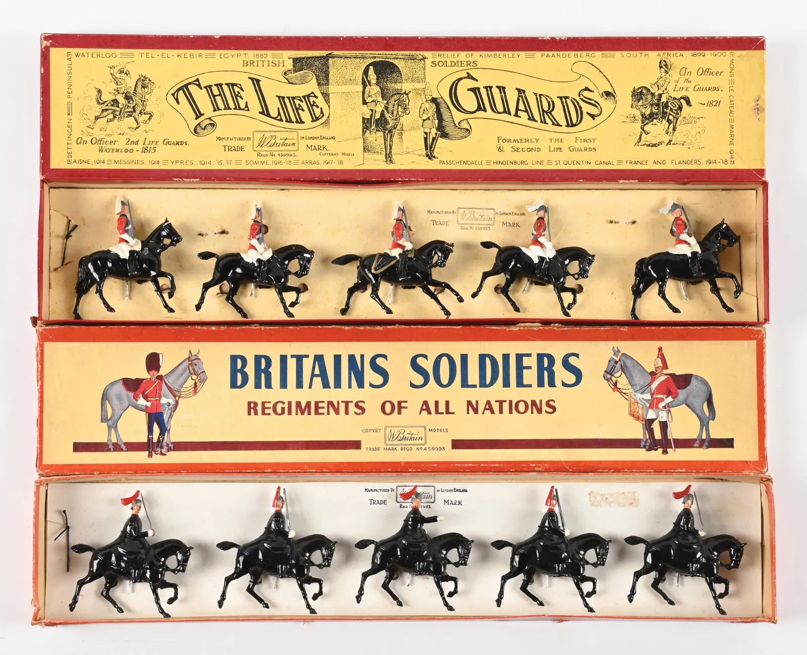LOT OF 2: W. BRITAIN'S SET NO. 1 LIFEGUARDS, SET NO. 1433 HORSEGUARDS WINTER DRESS