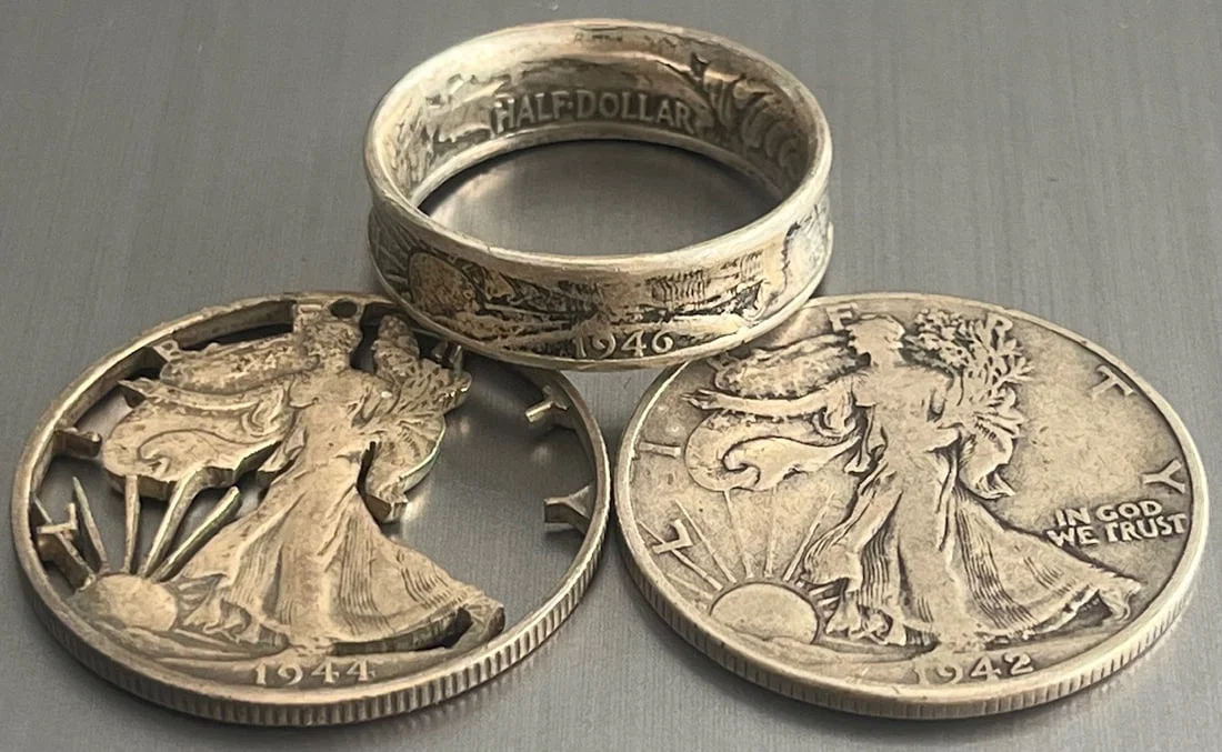 Lot of 3, 1942 Walking Liberty U.S. Silver Half Dollar,1946 Walking Liberty Half Dollar Coin Ring,