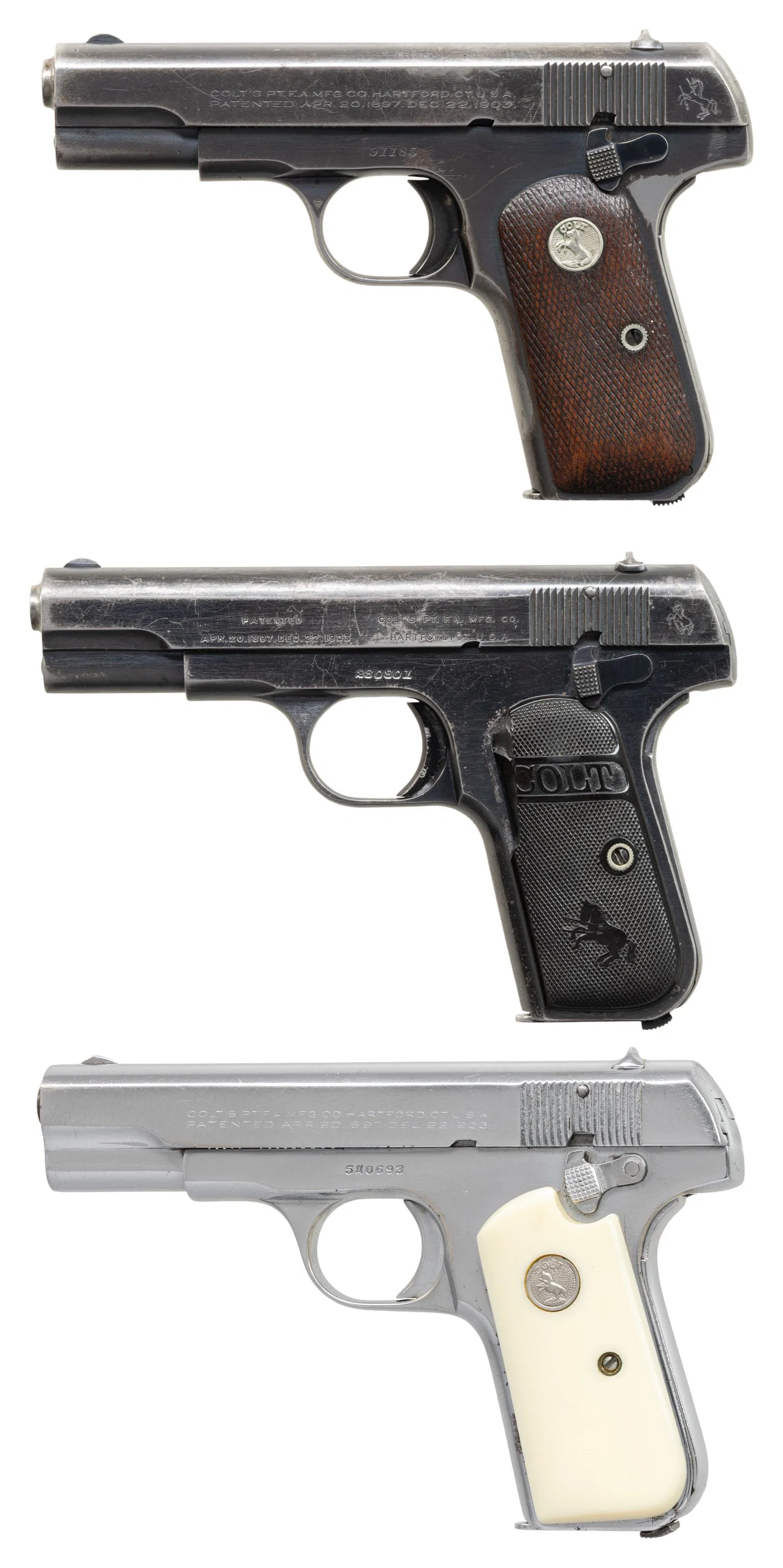 LOT OF 3 COLT MODEL 1903 & 1908 HAMMERLESS