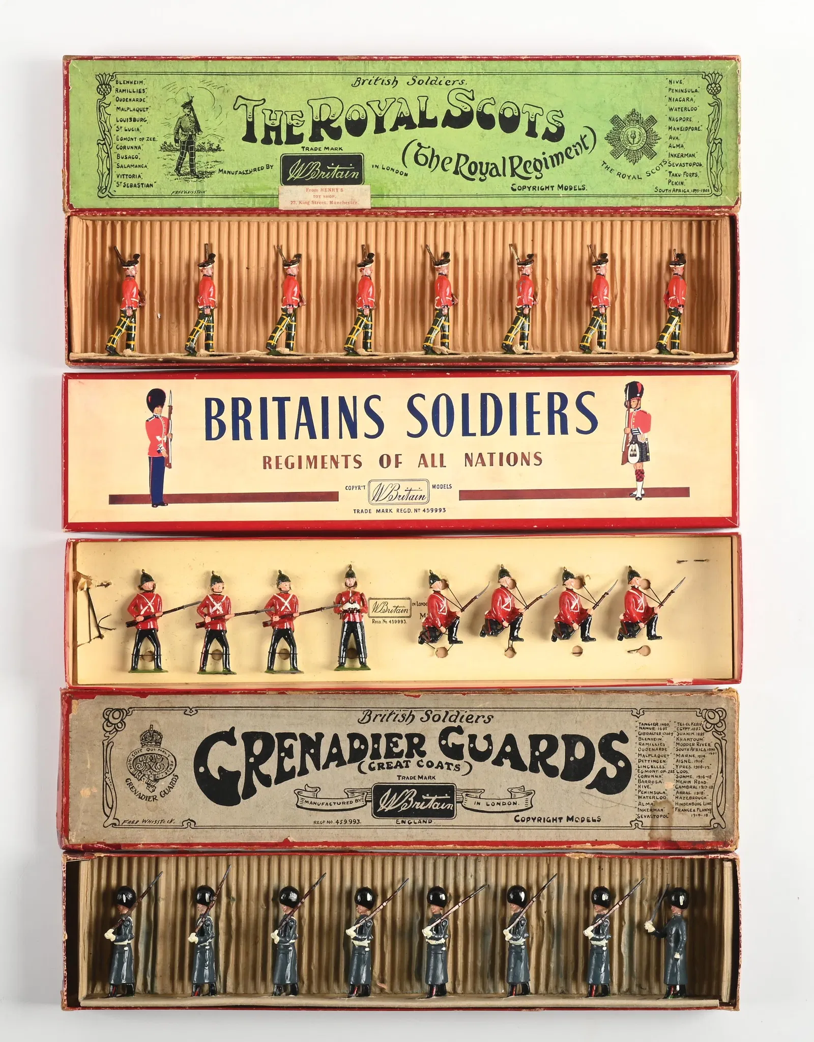LOT OF 3: W. BRITAIN'S SET NO. 212 ROYAL SCOTS REGIMENT, SET NO. 17 SUMMERSET LIGHT INFANTRY, SET