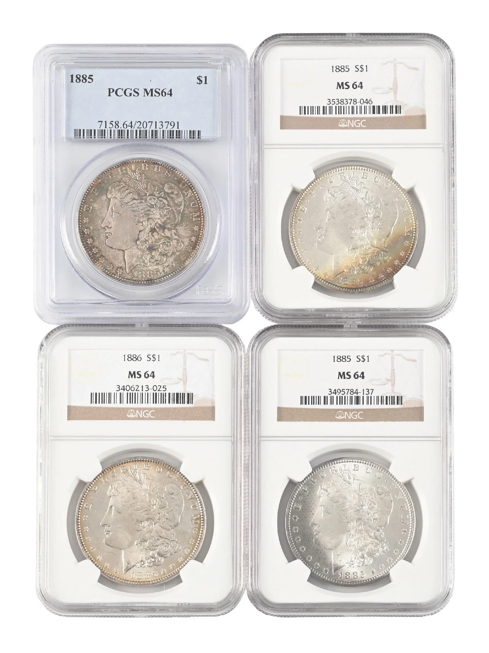 LOT OF 4: 1885-1886 $1 MS-64 NGC