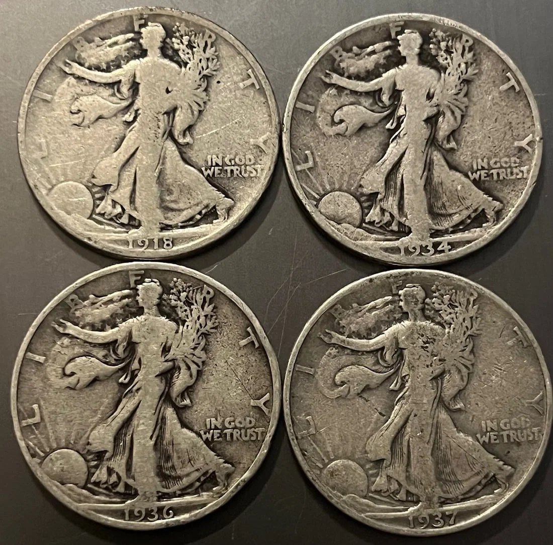 LOT OF FOUR (4) 1918–1937 U.S. Walking Liberty Silver Half Dollar Lot (4 Coins) – 90% US