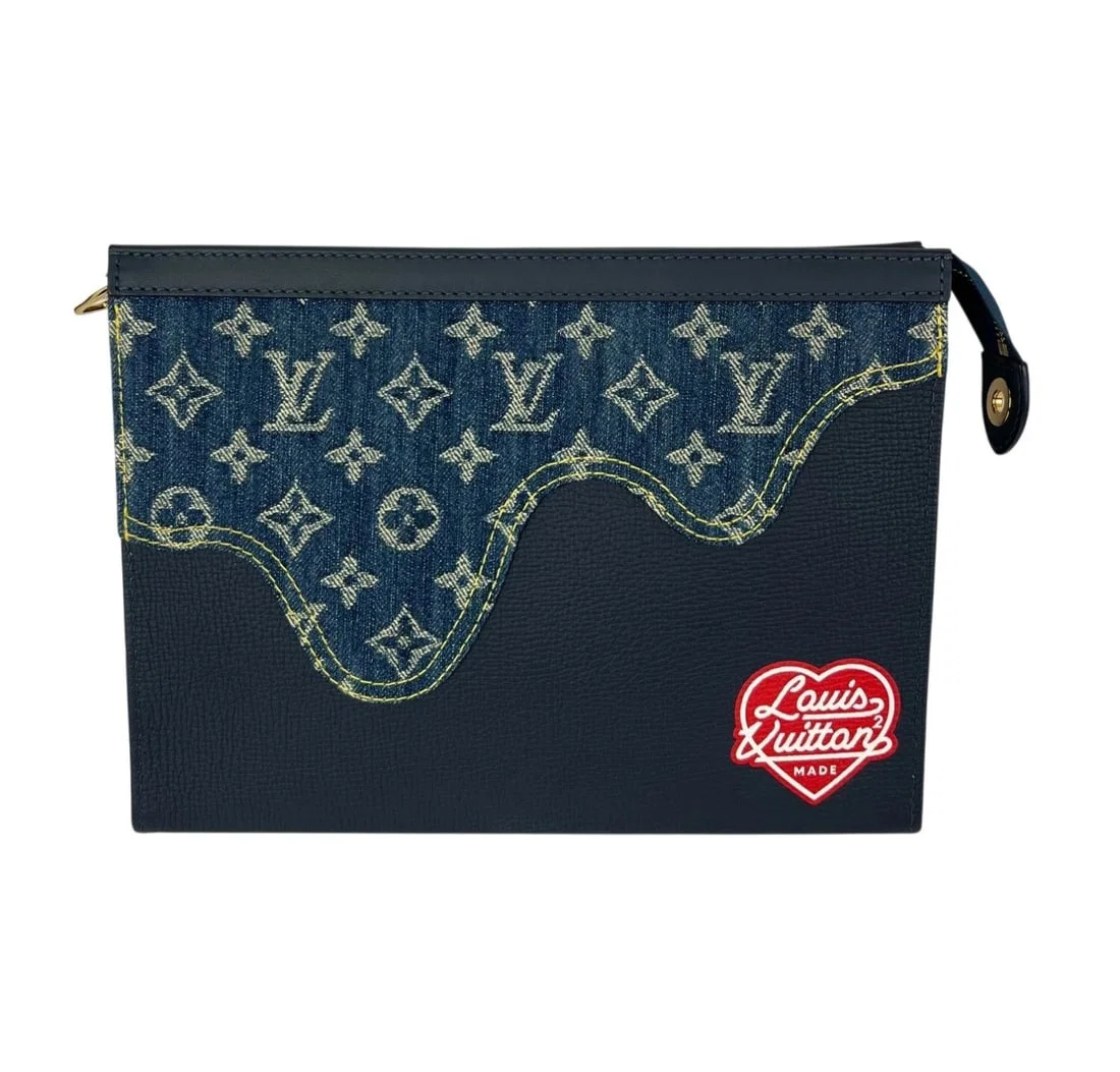 Louis Vuitton X Nigo Taurillon Denim Drip Pochette Voyage MM Crossbody Clutch Ba