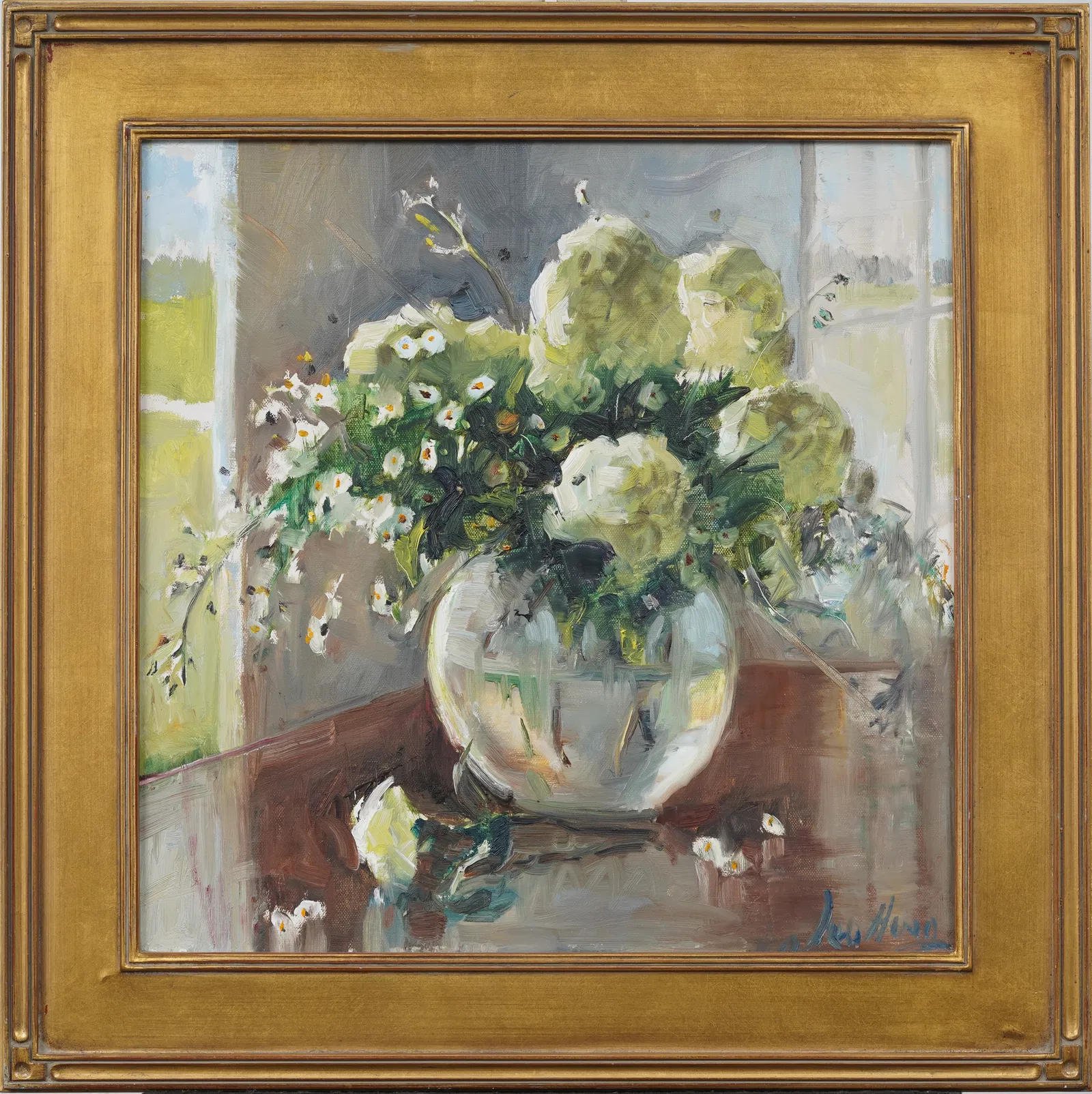 Lu Hong Signed Vintage American Impressionist Flower Still Life Giltwood Frame Original Oil Painting