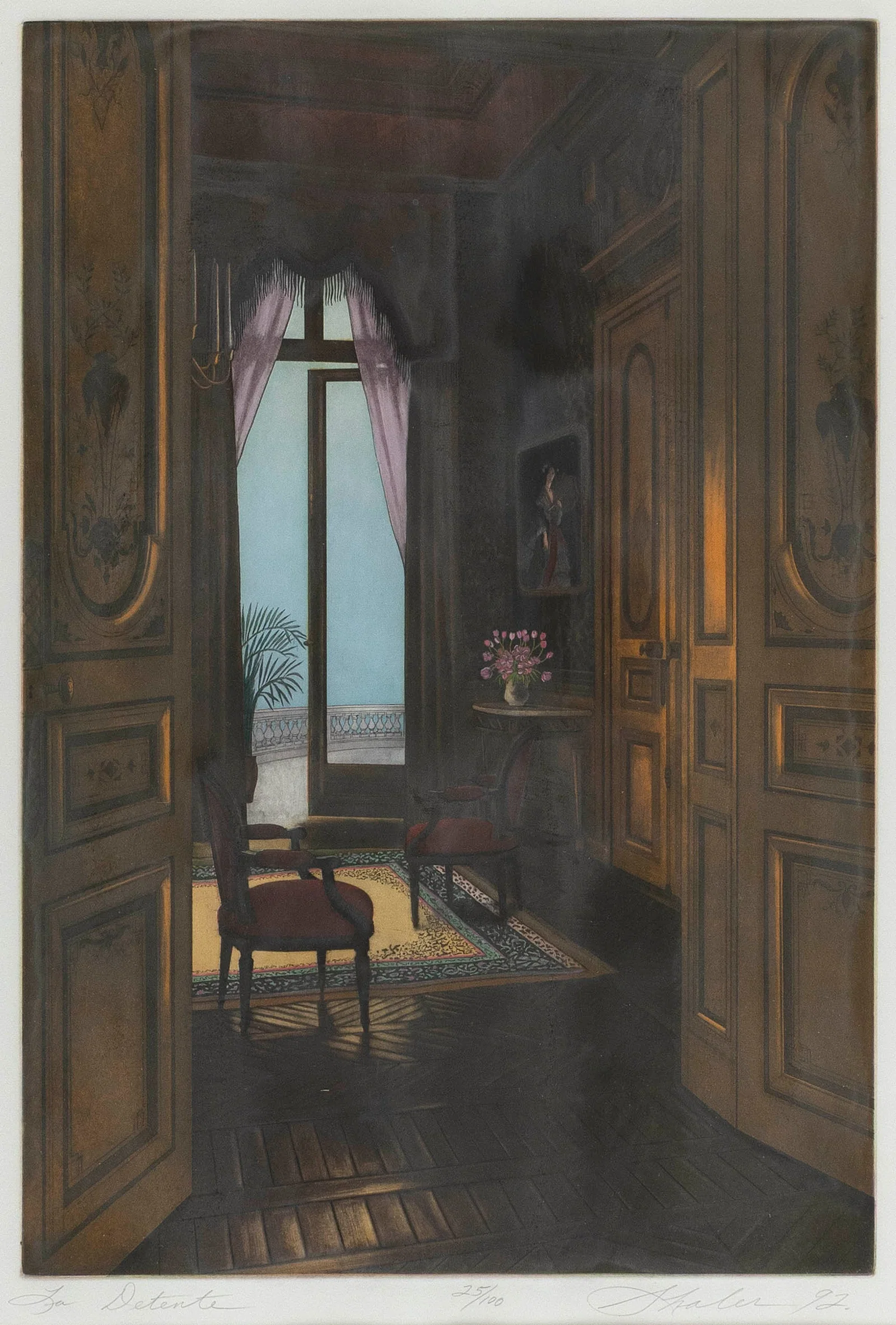 LYNN SHALER (New York/France, 1955-), "La Detante"., Color aquatint, 19" x 12.75". Framed 30" x 23".