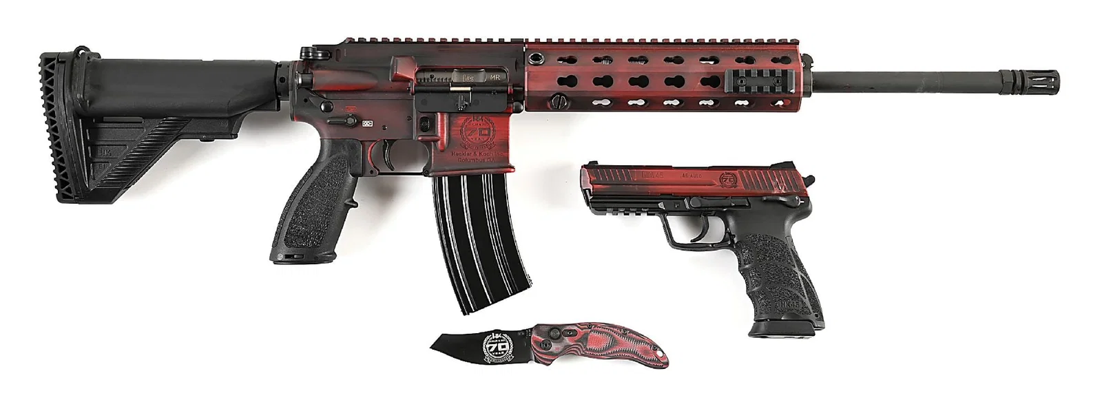 (M) LOT OF 2: HECKLER & KOCH 70TH ANNIVERSARY MR556A1 RIFLE AND HK45 PISTOL CASED SET.