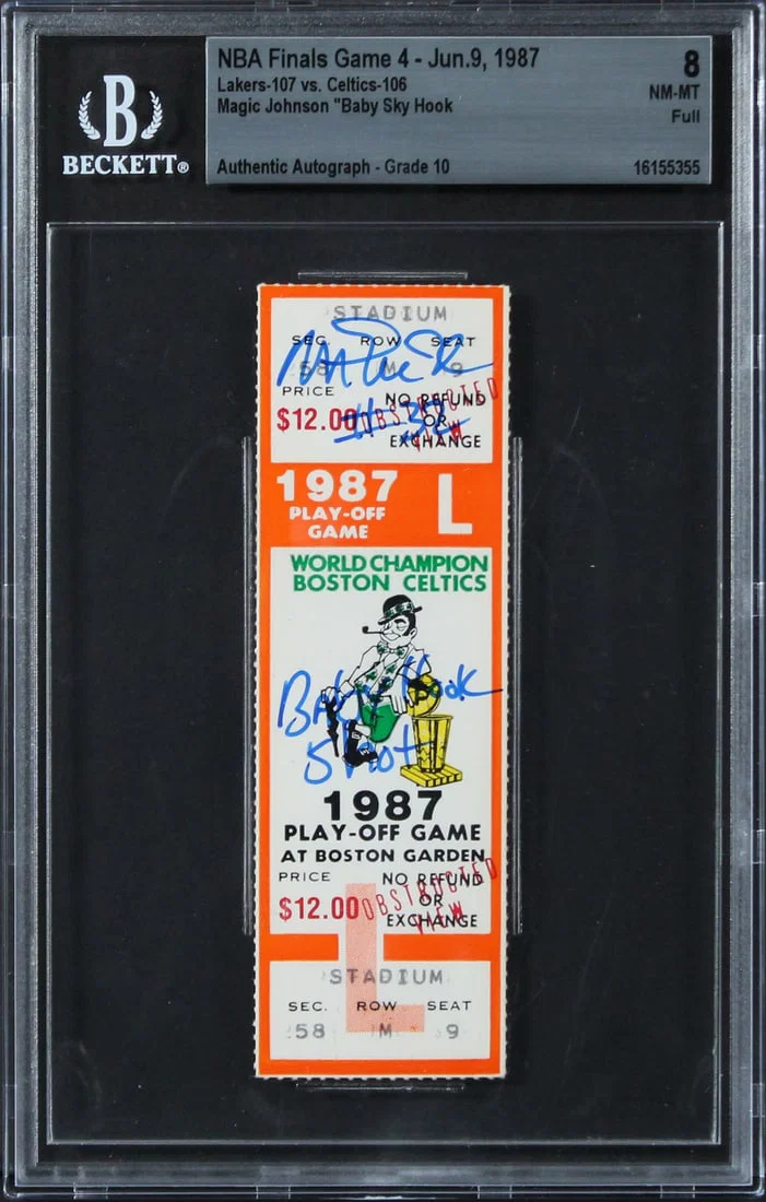 Magic Johnson Autographed 1987 NBA Finals Game 4 Ticket BAS Slab EX-MT 8 Auto 10