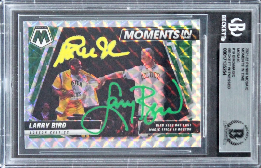 Magic Johnson Larry Bird Signed 2021 Panini Mosaic #19 Card Beckett Authenticated