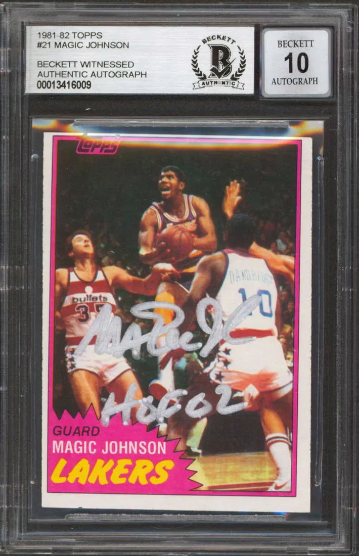 Magic Johnson Signed 1981 Topps #21 HOF 02 Card Gem Mint 10 BAS Slabbed