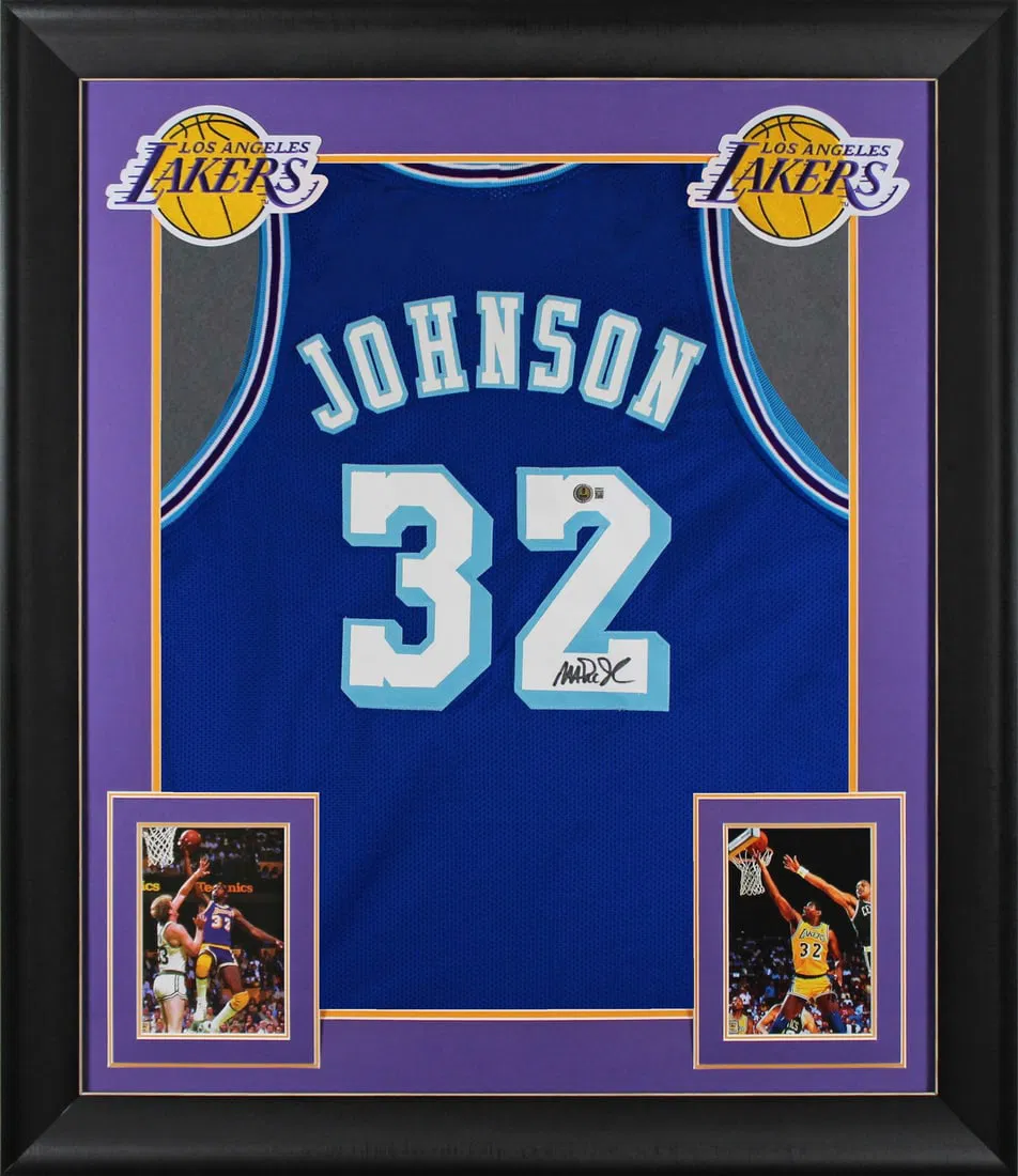 Magic Johnson Signed Blue Lakers Throwback Framed Jersey BAS Witnessed
