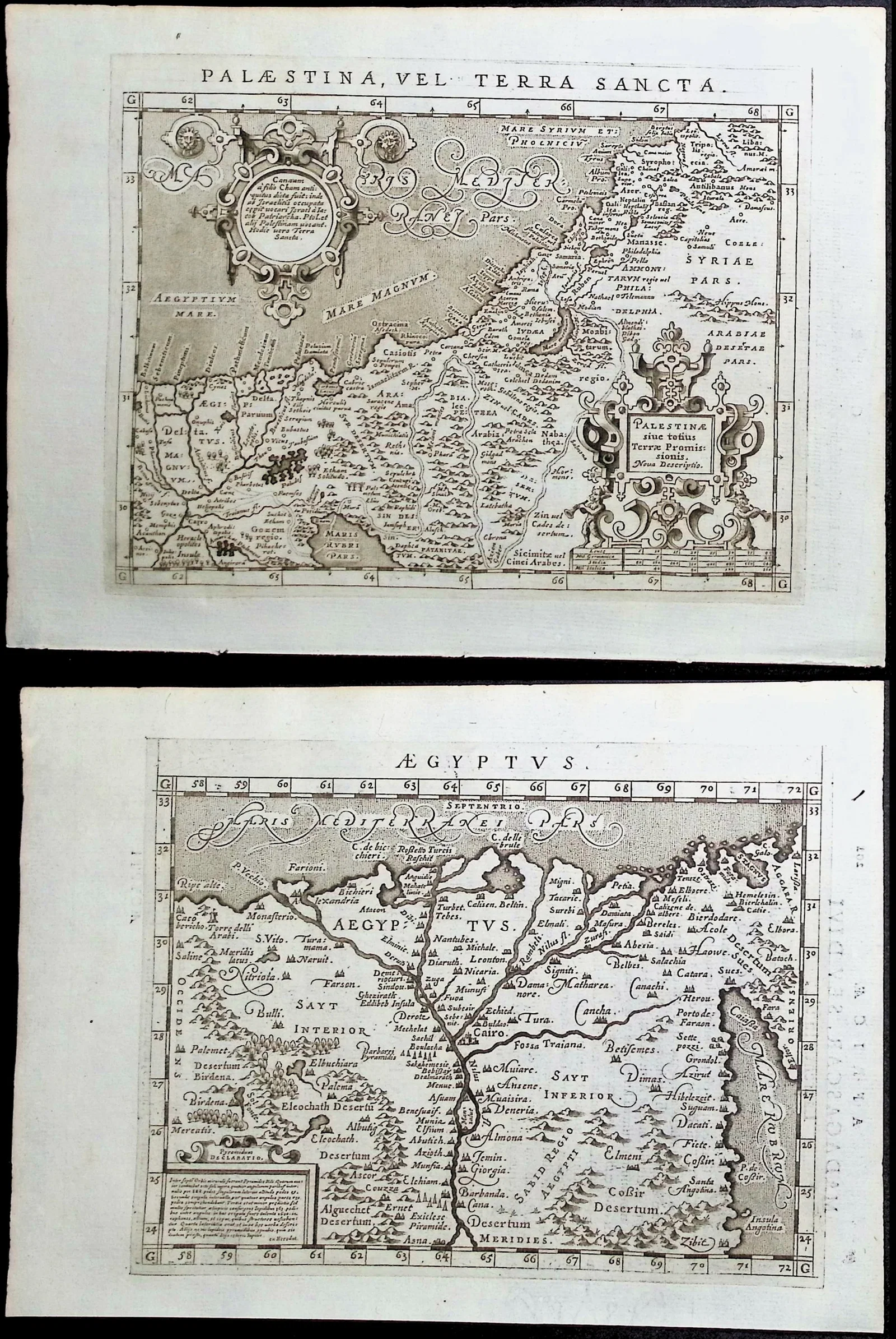 Magini's Ptolemy, pub. 1596 - Pair of Maps of the Holy Land, Palestine, Egypt, the Nile River