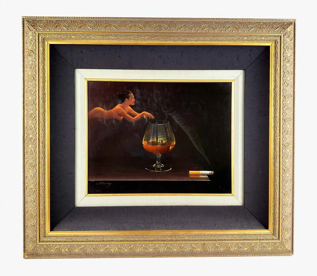 Magnificent Still Life Oil on Canvas "Smokers Dream" by T. Amiry