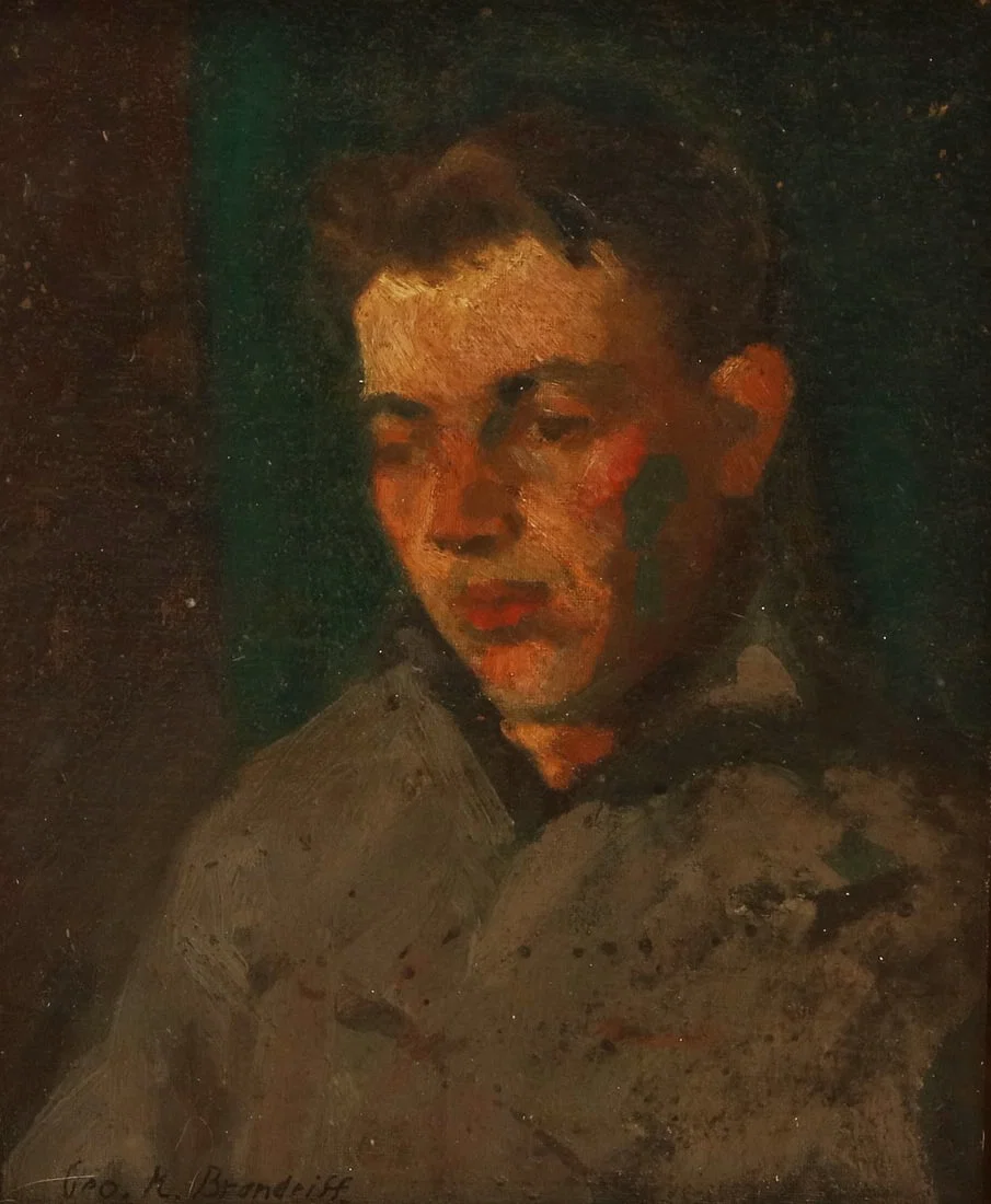 Manner of George Kennedy Brandriff (American, 1890-1936), Portrait of a young man, oil on board, 11