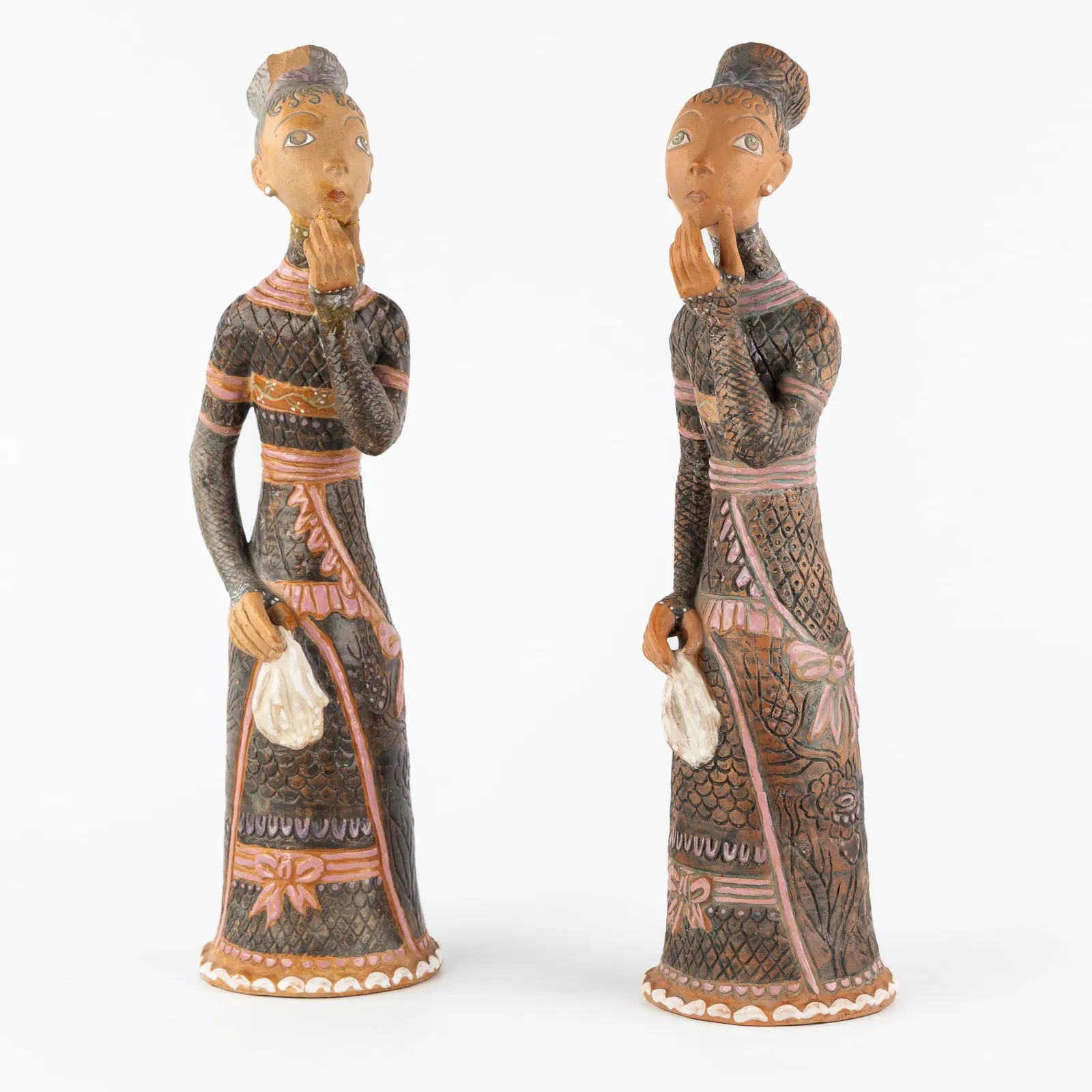 Margit Kovacs (1902-1977) 'Standing Woman with Handkerchief', two sculptures, glazed terracotta,