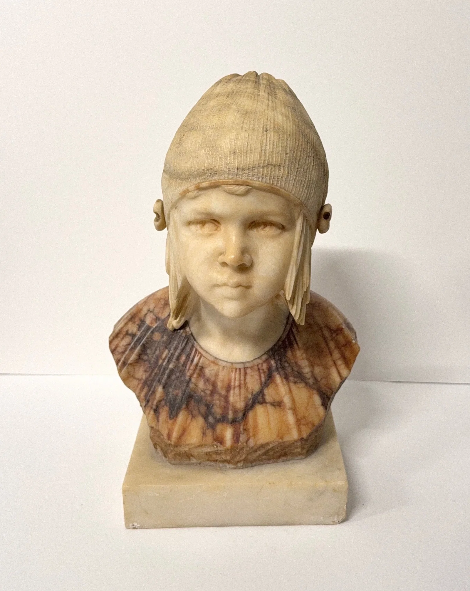 Mario Pedrini, Italian Marbel Bust with Hat Sculpture (Circa 1890)