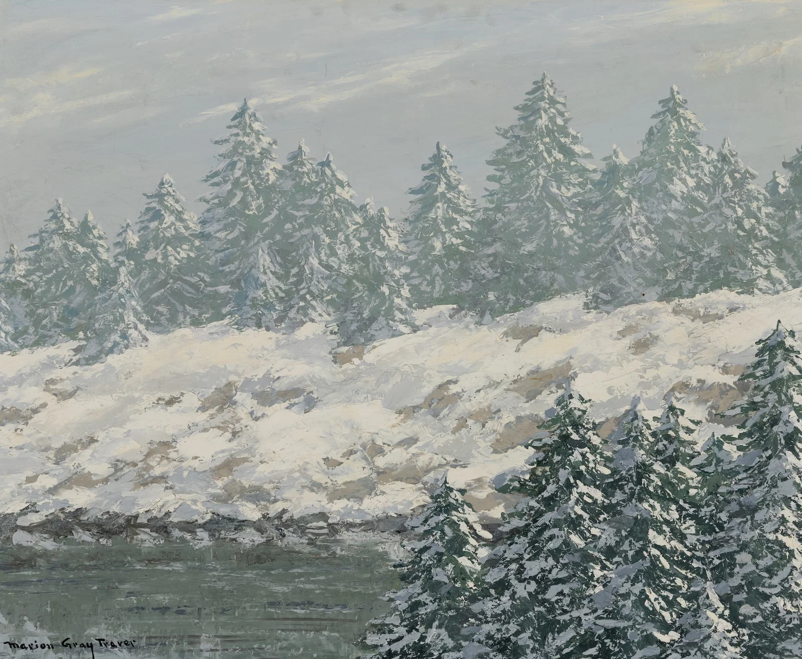 Marion Gray Traver (Am. 1891-1979), "Clearing Off" 1968, Oil on panel, framed